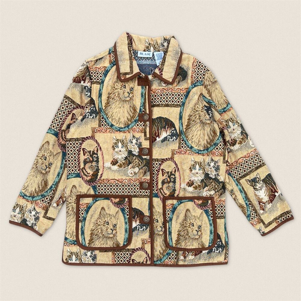 Vintage 90s Grandma‎ Cats Kittens Pattern Tapestry Jacket Blair - Size Large